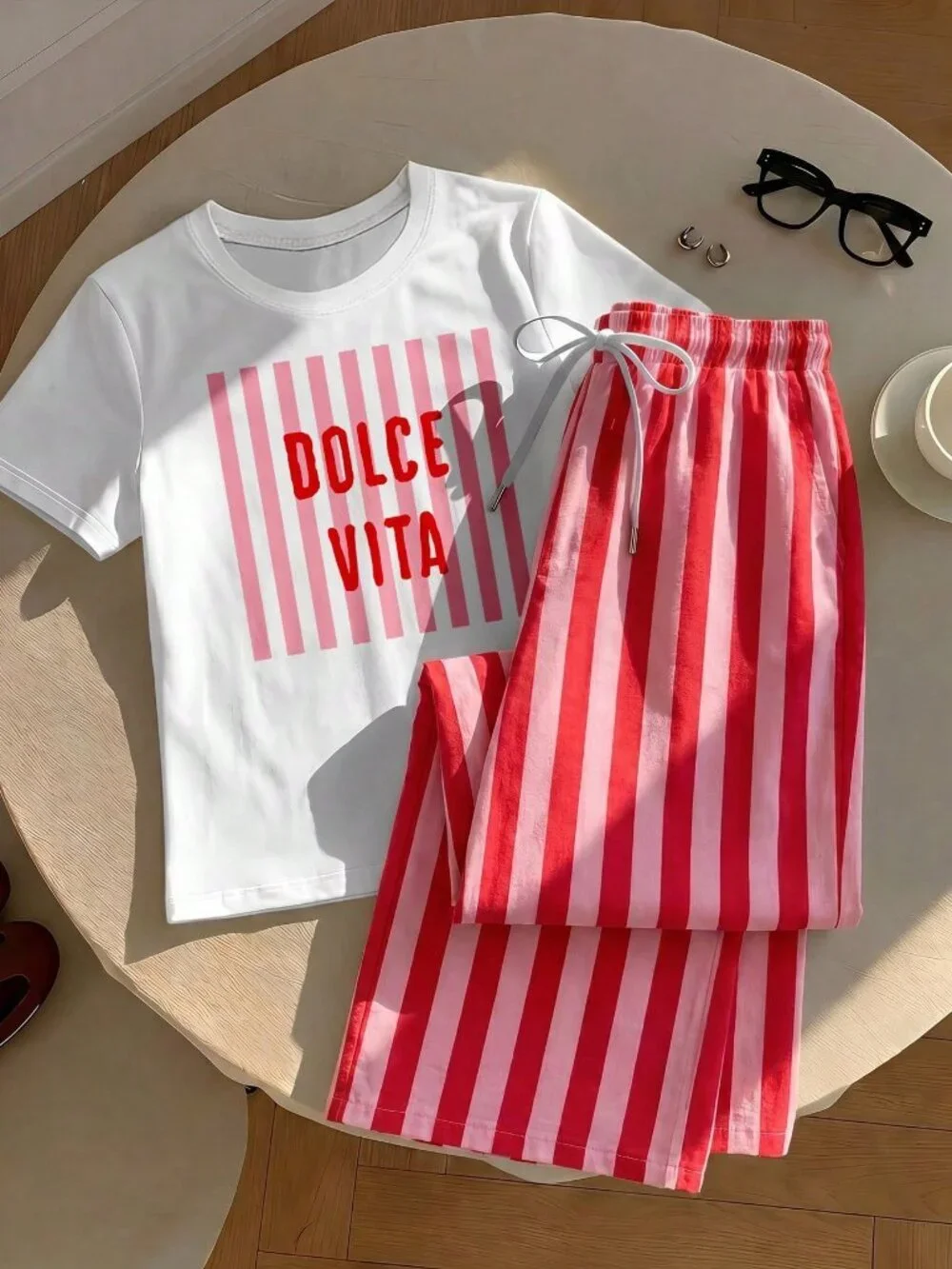 Multicolor Casual Women's Short Sleeve T-Shirt And Striped Pants Set